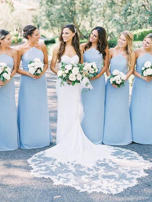 Elegant Sheath Halter Satin Long Bridesmaid Dresses