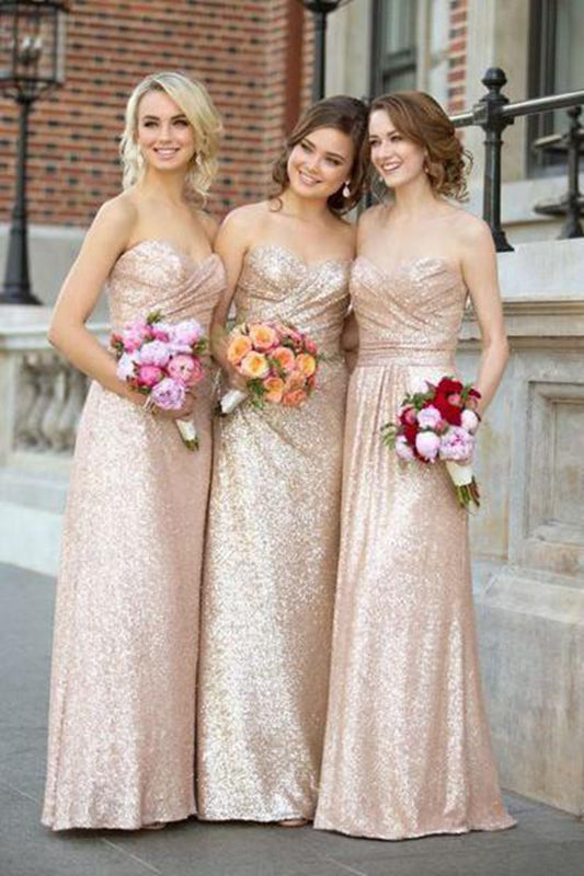 Gold Sequin Sweetheart Bridesmaid Dresses Strapless Long Bridesmaid Dresses