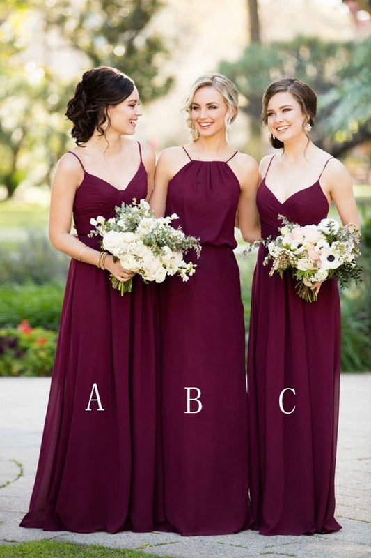 Mix A-line Chiffon Sleeveless Straps Long Bridesmaid Dresses