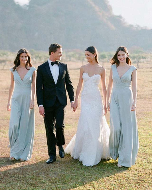 Simple A-line Chiffon V Neck Sleeveless Long Bridesmaid Dresses