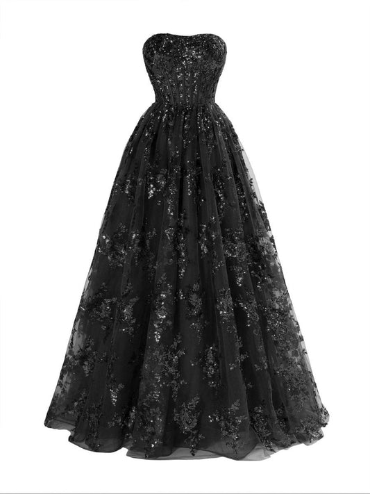 A-line Strapless Pleating Long Prom Dresses with Applique