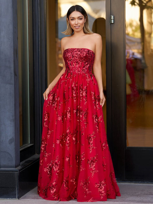 A-line Strapless Pleating Long Prom Dresses with Applique