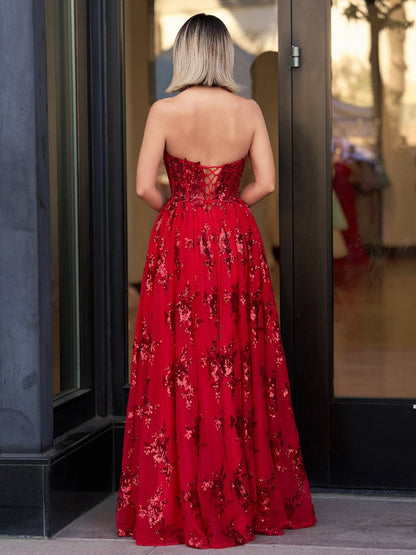 A-line Strapless Pleating Long Prom Dresses with Applique