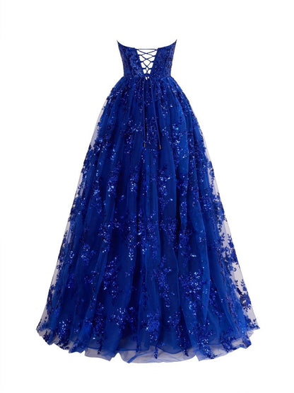 A-line Strapless Pleating Long Prom Dresses with Applique