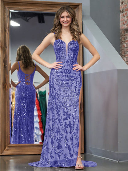 Sheath Sequins Long Prom Dresses with Slit