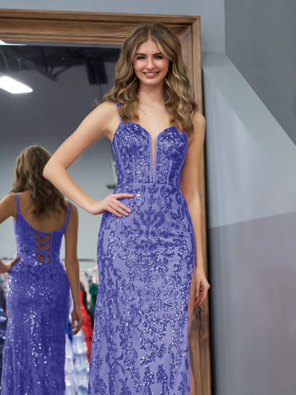 Sheath Sequins Long Prom Dresses with Slit