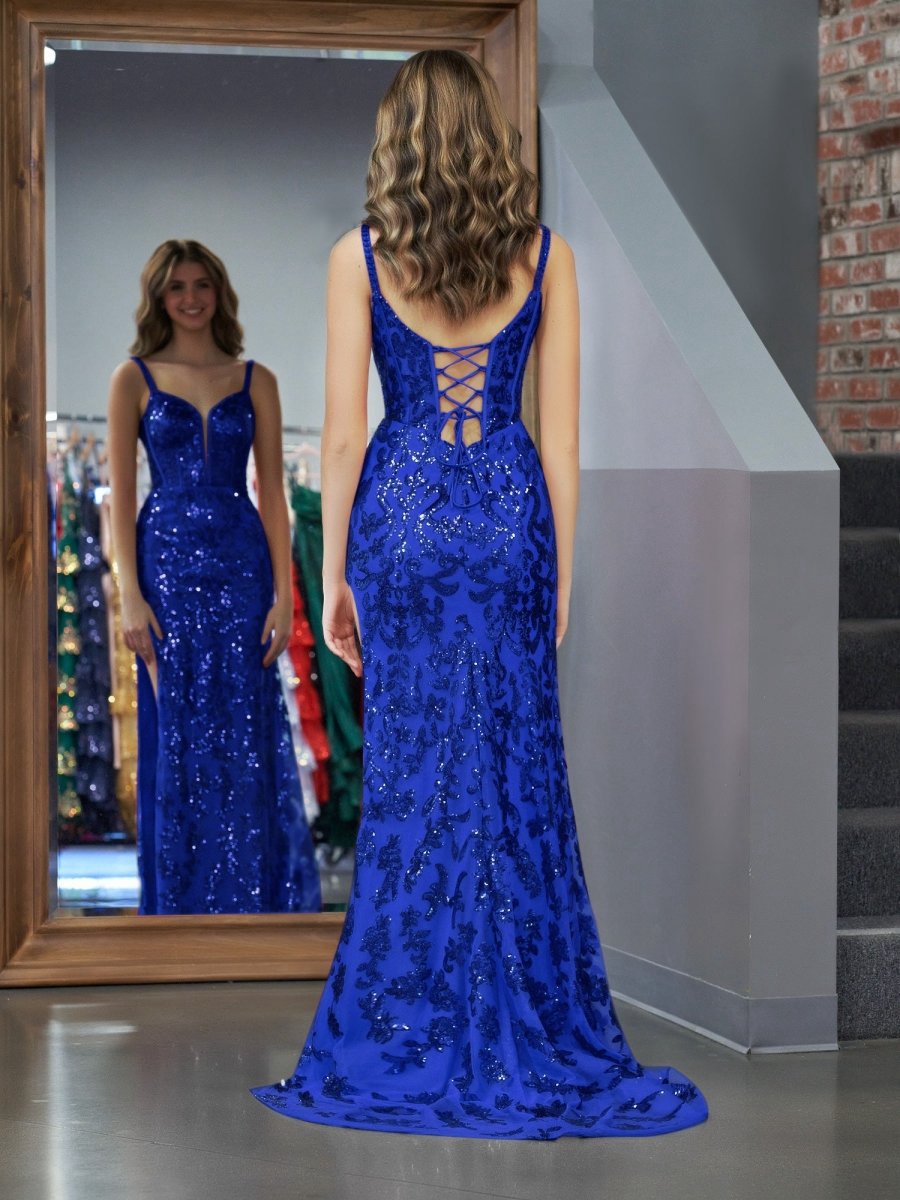 Sparkly Sheath Sequins Long Prom Dresses with Slit