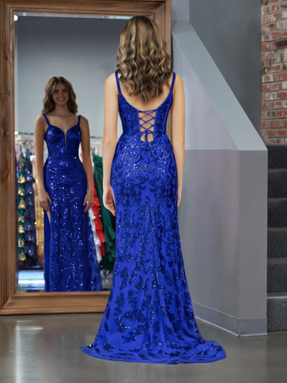 Sparkly Sheath Sequins Long Prom Dresses with Slit