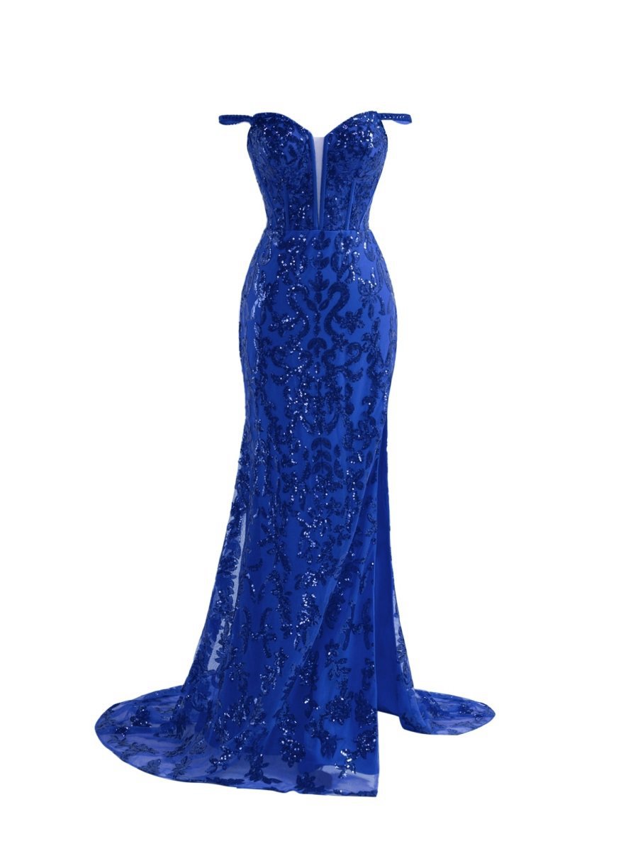 Sparkly Sheath Sequins Long Prom Dresses with Slit