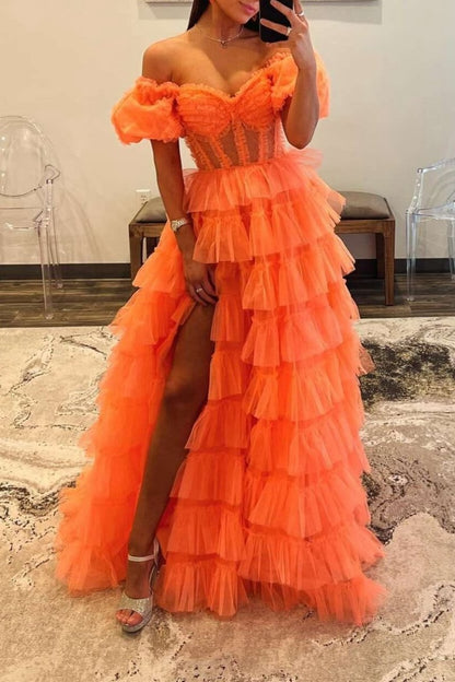 A-line Off-the-Shoulder Tulle Prom Dresses with Slit