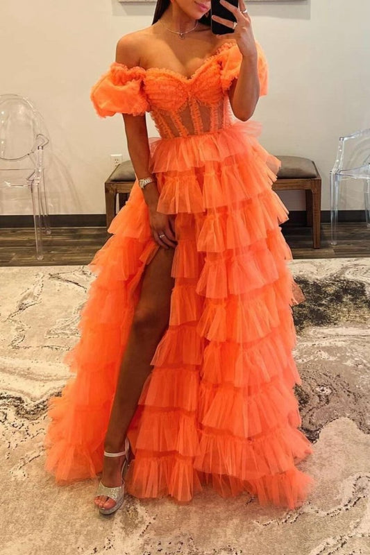A-line Off-the-Shoulder Tulle Prom Dresses with Slit