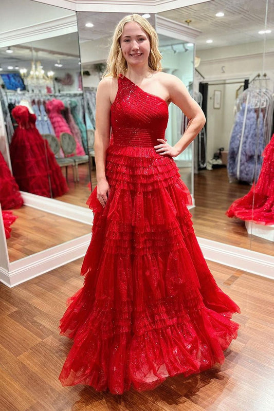 Sparkly One Shoulde Ruffle Tulle A-line Long Prom Dresses