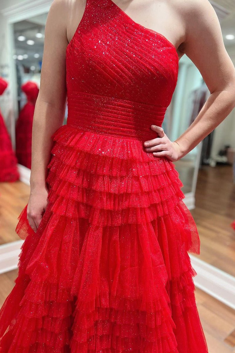Sparkly One Shoulde Ruffle Tulle A-line Long Prom Dresses