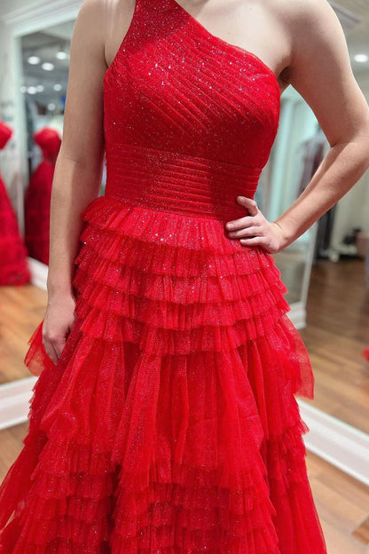 Sparkly One Shoulde Ruffle Tulle A-line Long Prom Dresses