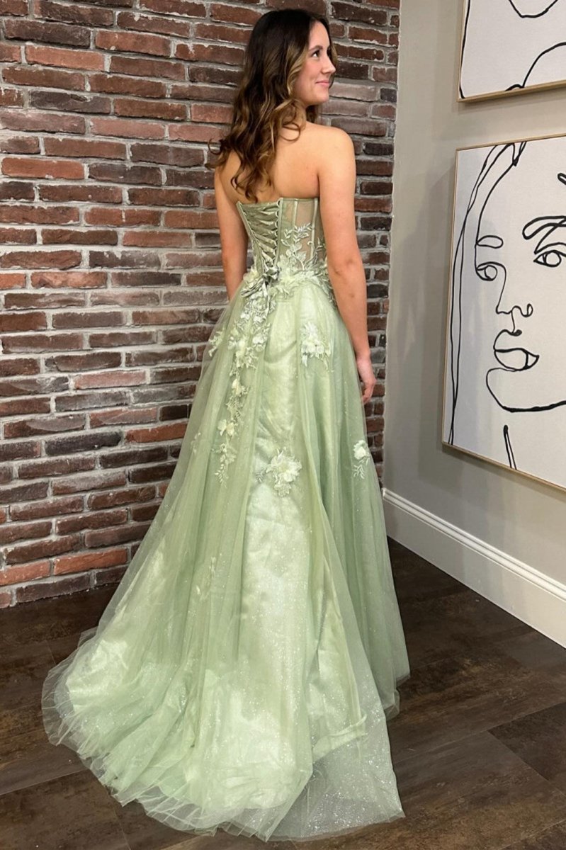 Sage Sweetheart Lace-Up Long Prom Dresses with 3D Floral Lace