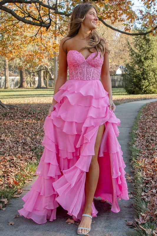 Chiffon Sweetheart Ruffle Tie Long Prom Dresses