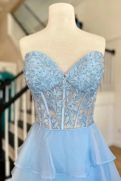 Chiffon Sweetheart Ruffle Tie Long Prom Dresses