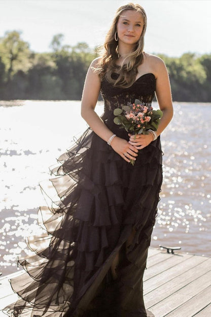 Chiffon Sweetheart Ruffle Tie Long Prom Dresses