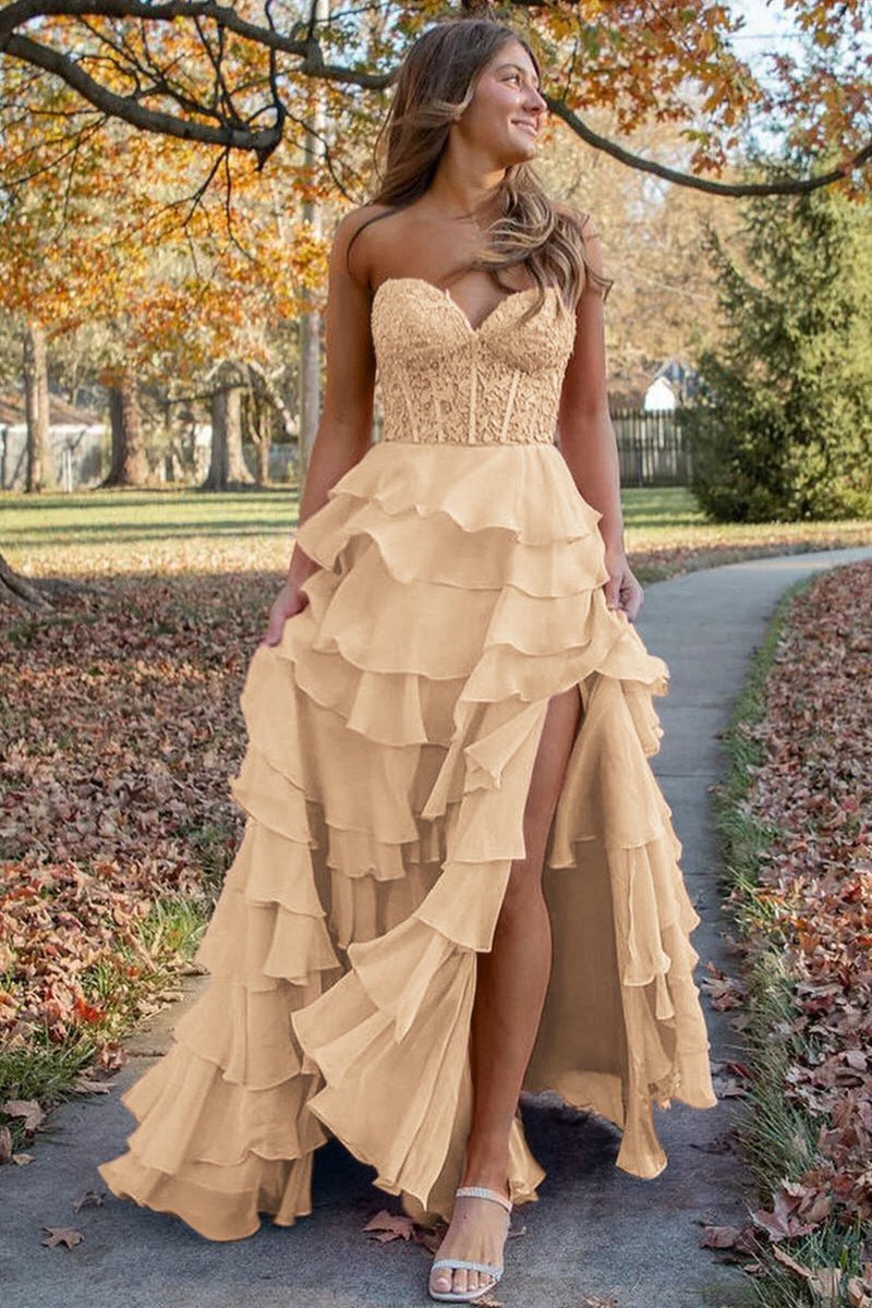 Chiffon Sweetheart Ruffle Tie Long Prom Dresses
