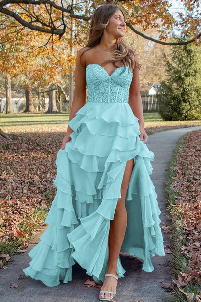 Chiffon Sweetheart Ruffle Tie Long Prom Dresses