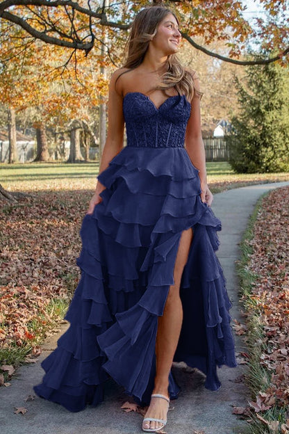 Chiffon Sweetheart Ruffle Tie Long Prom Dresses