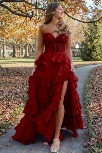 Chiffon Sweetheart Ruffle Tie Long Prom Dresses