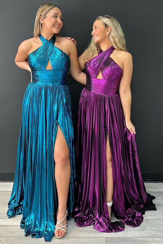 Peacock Halter Neck A-line Long Prom Dresses with Split