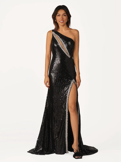 One Sholder Sequins Mermaid Prom Dresses with Slit