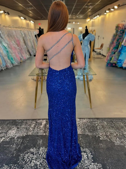 One Sholder Sequins Mermaid Prom Dresses with Slit
