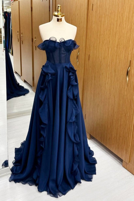A-line Corset Ruffle Maxi Prom Dresses