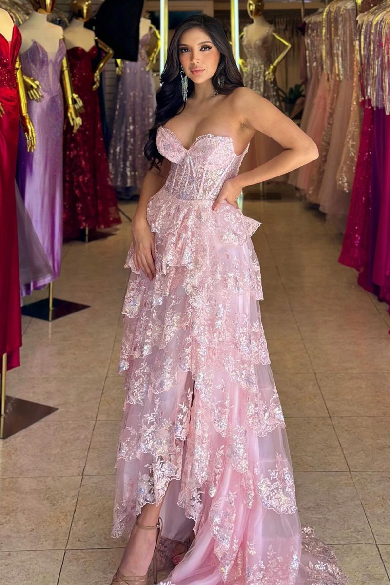Strapless Ruffle Tie Long Prom Dresses with Slit
