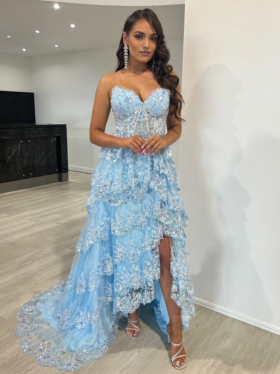 Strapless Ruffle Tie Long Prom Dresses with Slit