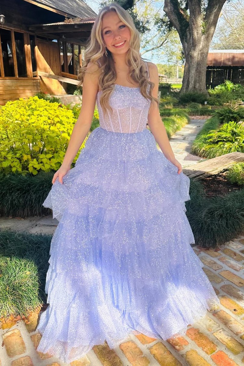 Tulle Sequin Ruffle Tie Long Prom Dresses