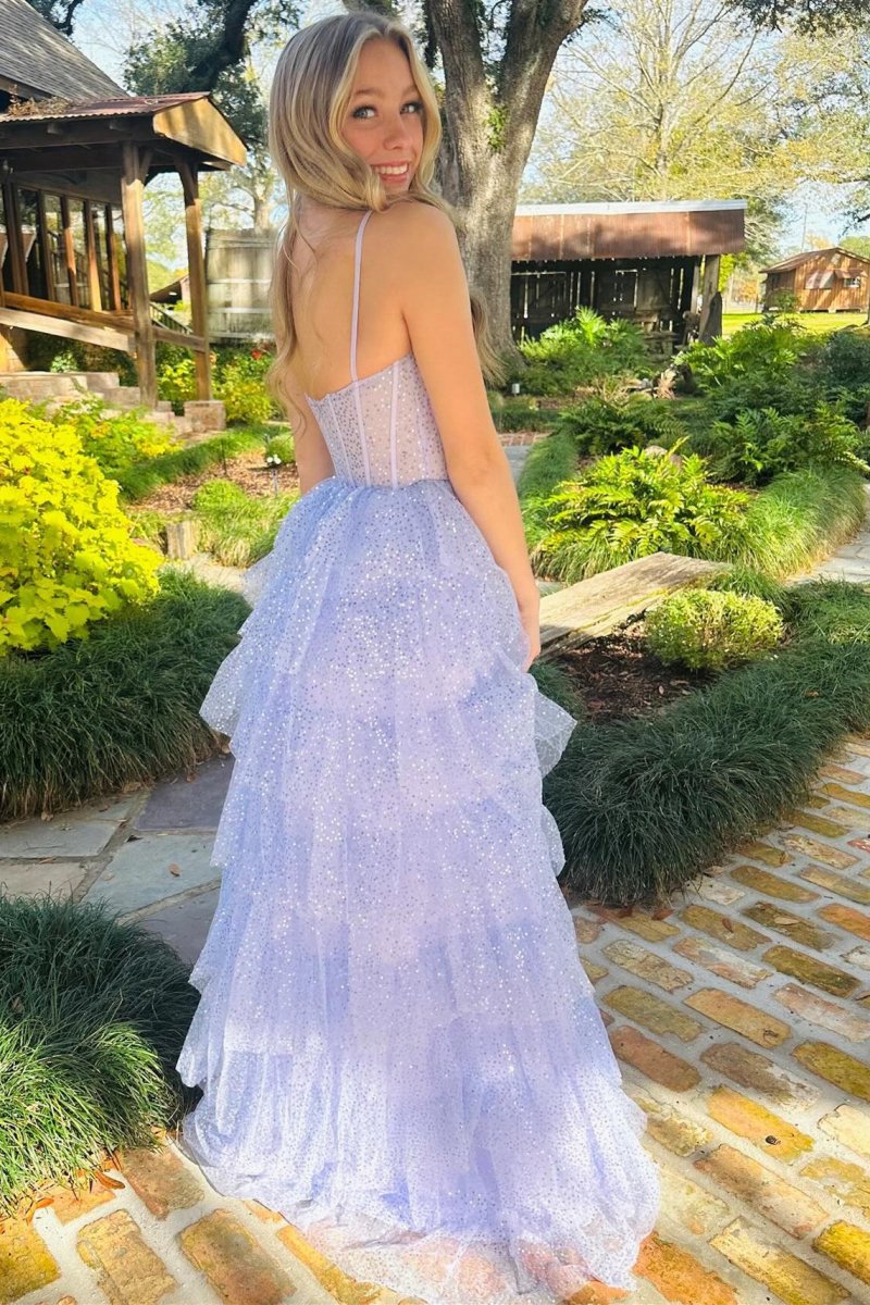 Tulle Sequin Ruffle Tie Long Prom Dresses