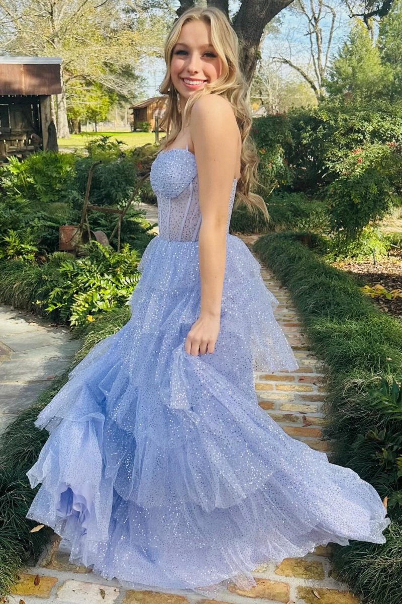 Tulle Sequin Ruffle Tie Long Prom Dresses