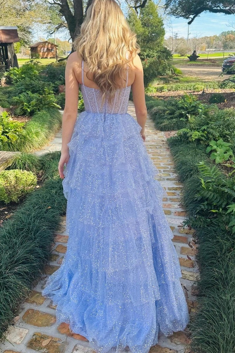 Tulle Sequin Ruffle Tie Long Prom Dresses