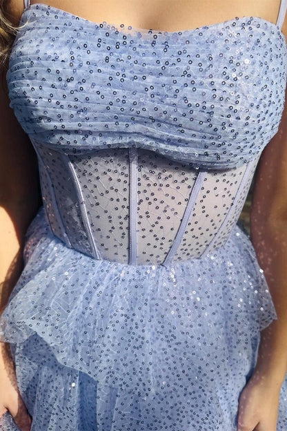 Tulle Sequin Ruffle Tie Long Prom Dresses