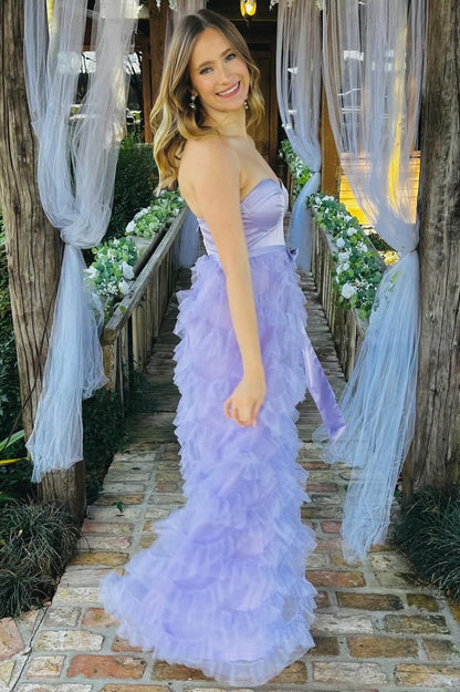 Sweetheart Bow Belt Ruffle Maxi Dresses