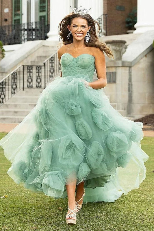 Strapless A-line Tulle Long Prom Dresses