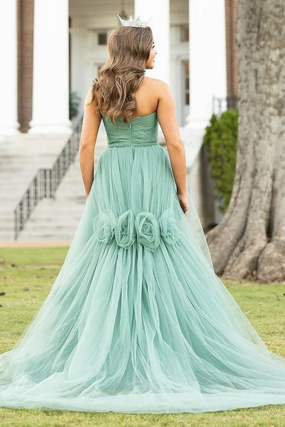Strapless A-line Tulle Long Prom Dresses