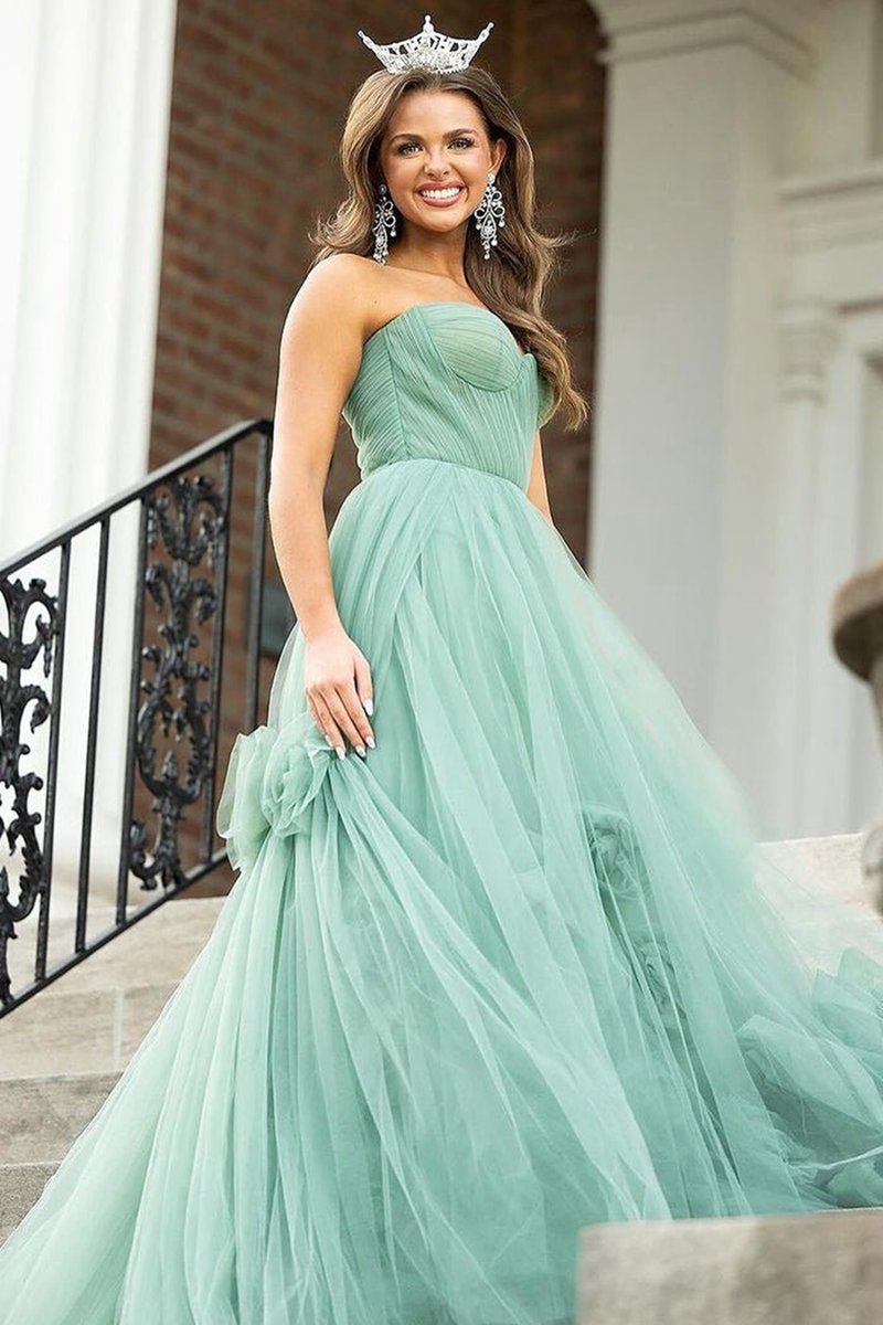 Strapless A-line Tulle Long Prom Dresses