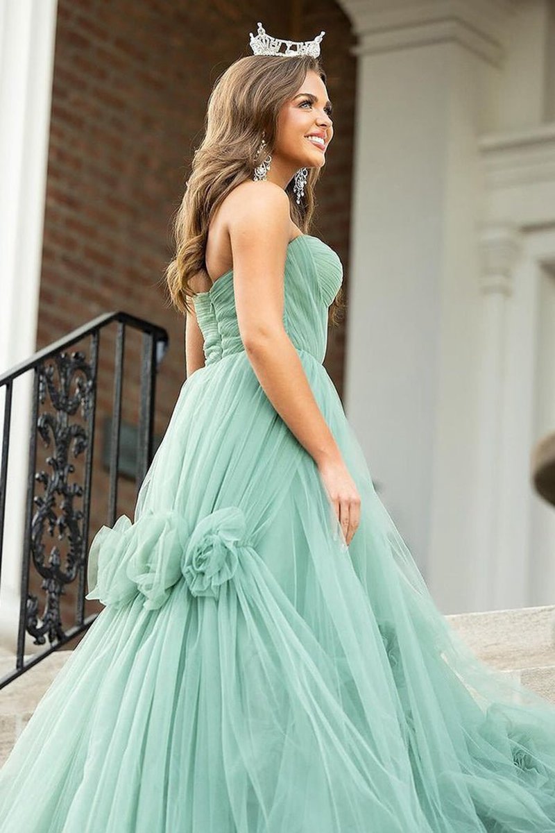 Strapless A-line Tulle Long Prom Dresses