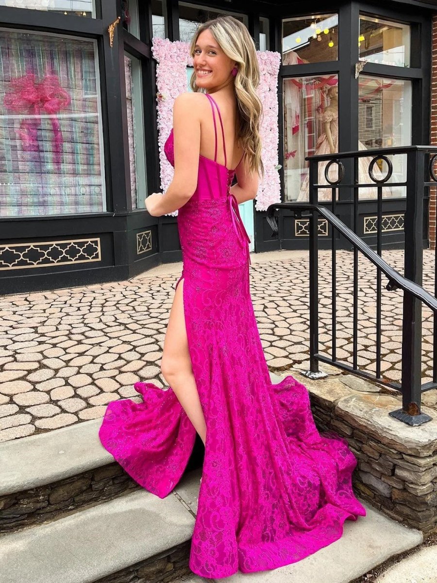 Glitter Navy Mermaid Sweep Train Prom Dresses with Slit