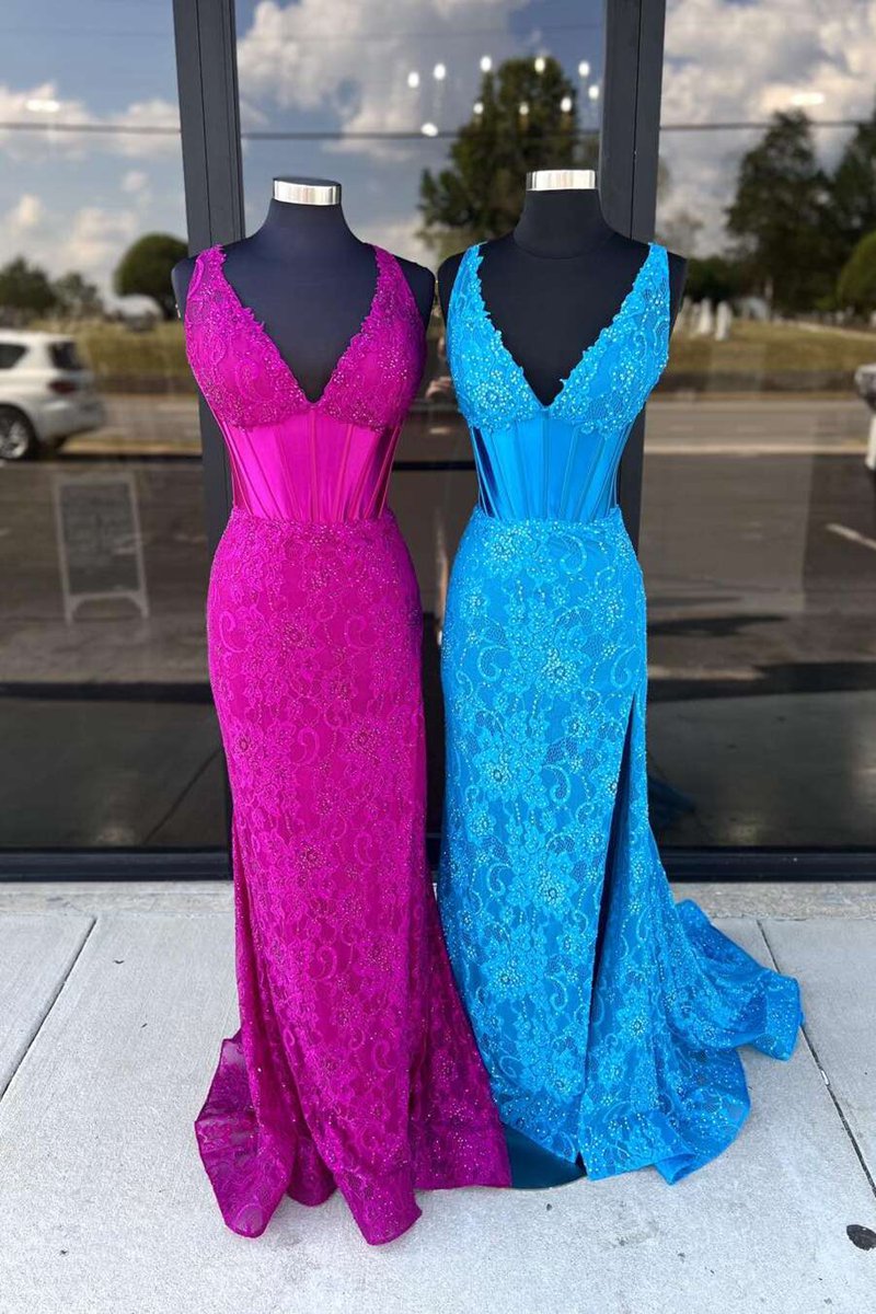 Glitter Navy Mermaid Sweep Train Prom Dresses with Slit