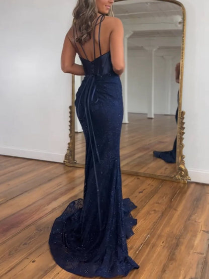 Glitter Navy Mermaid Sweep Train Prom Dresses with Slit
