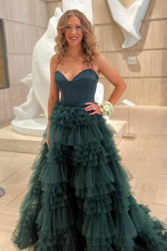 Sweetheart Ruffle Tie Tulle Long Prom Dresses with Slit