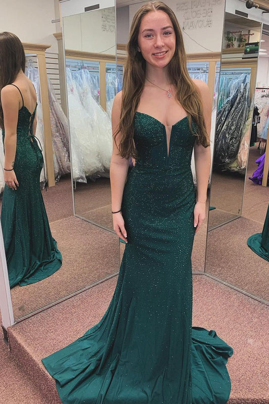 Spaghetti Straps Beaded Mermaid Long Prom Dresses