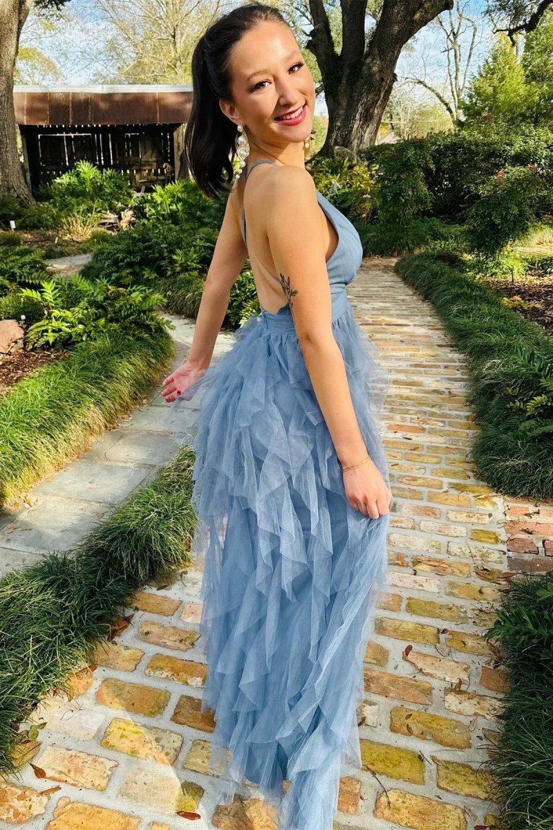 Cross-Back Plunge V Ruffle Maxi Dresses in Smoky Blue