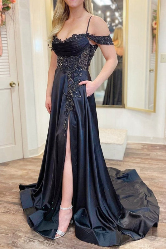 Cold-Shoulder Beaded A-line Formal Dresses with Slit