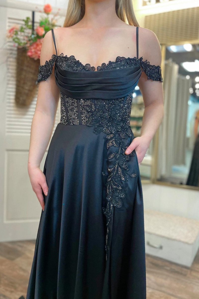 Cold-Shoulder Beaded A-line Formal Dresses with Slit
